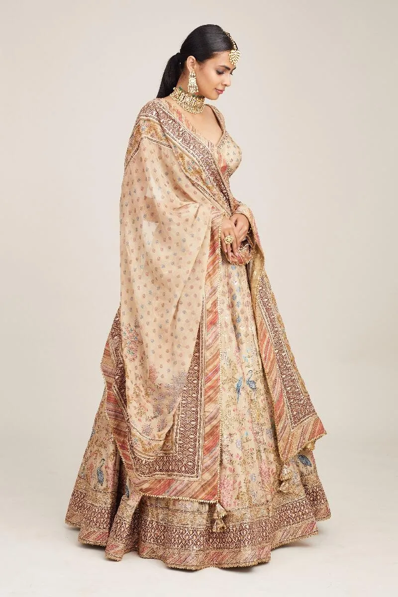 Beige Floral Design Silk Lehenga