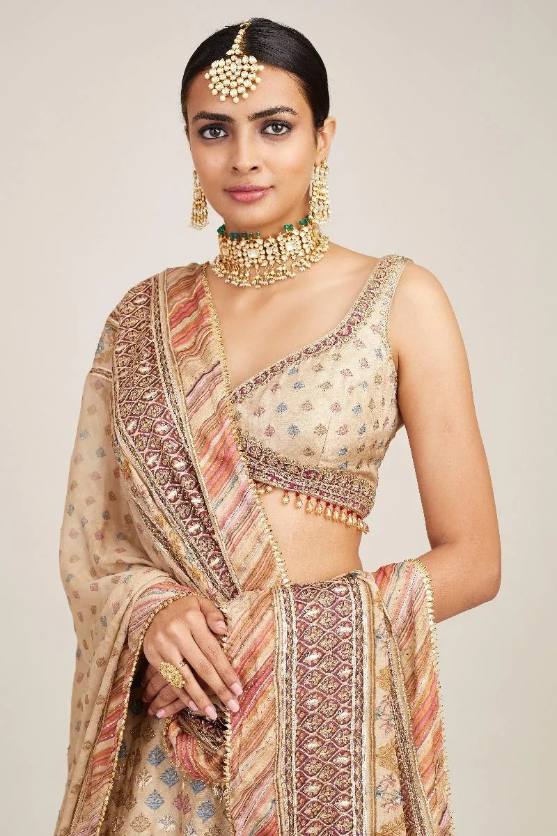 Beige Floral Design Silk Lehenga