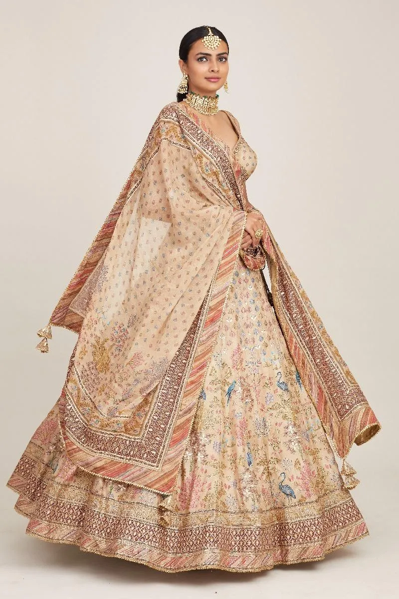 Beige Floral Design Silk Lehenga