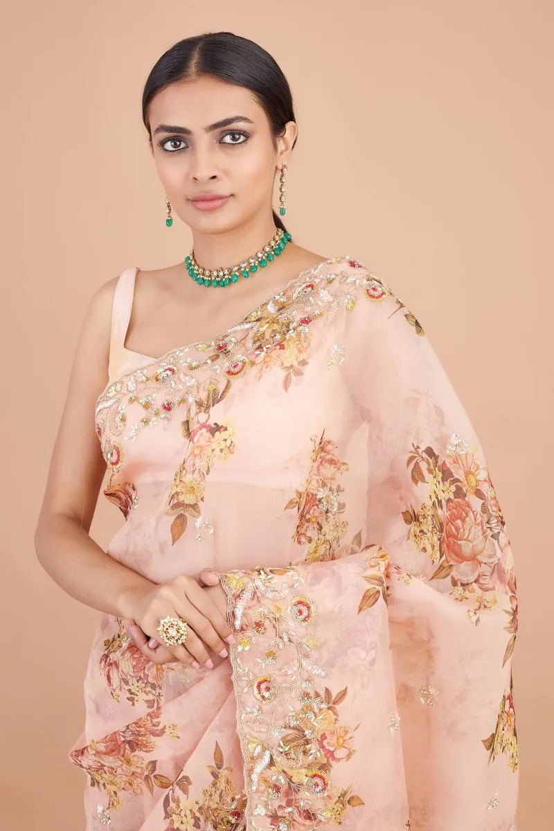 Peach Floral Printed Organza Saree