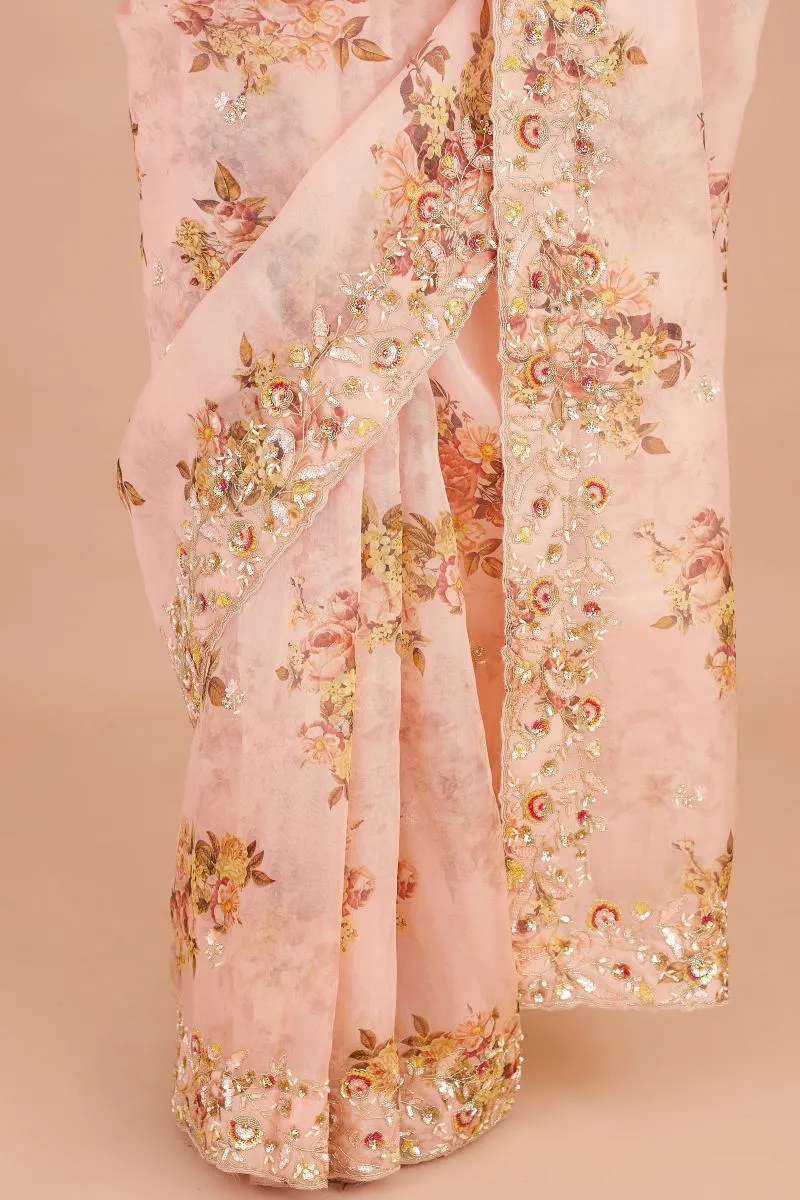 Peach Floral Printed Organza Saree
