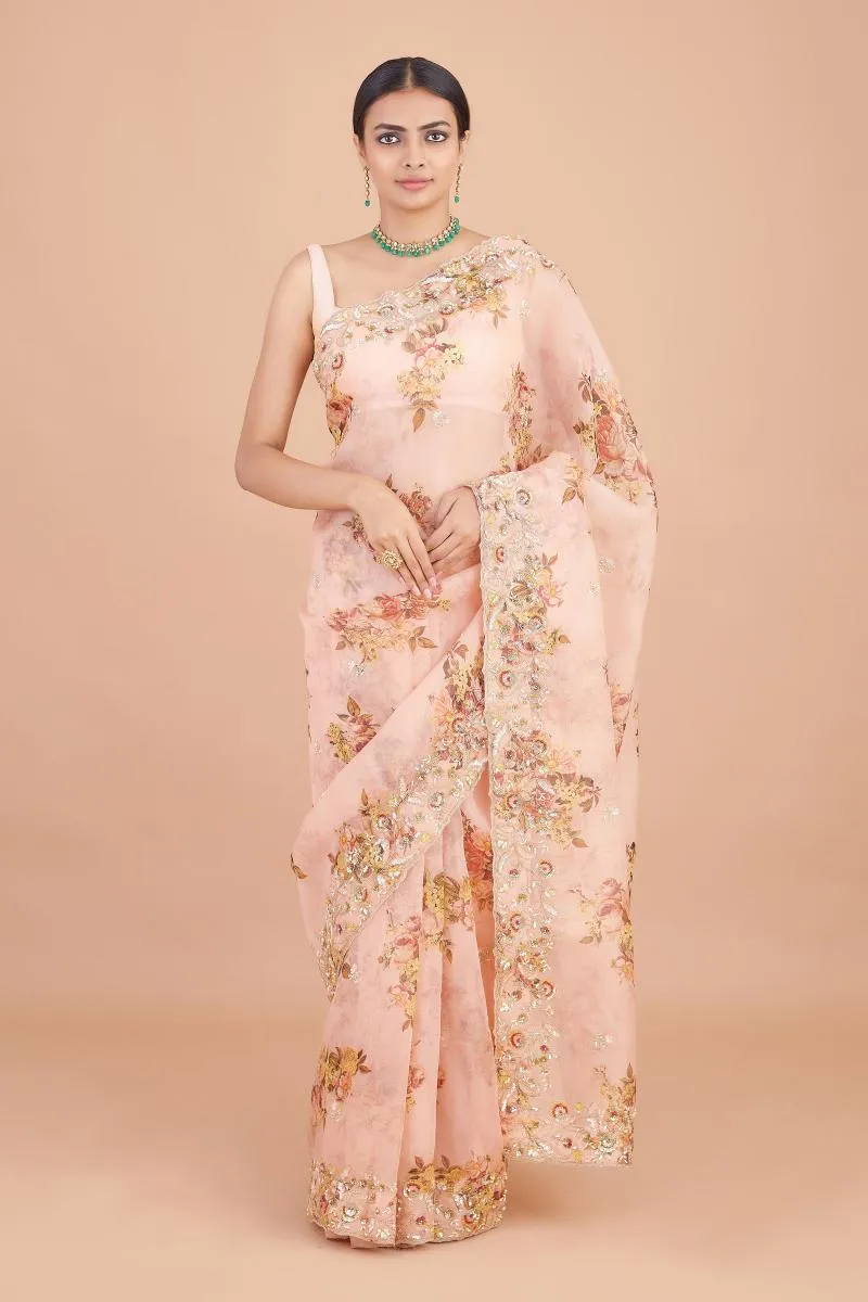 Peach Floral Printed Organza Saree