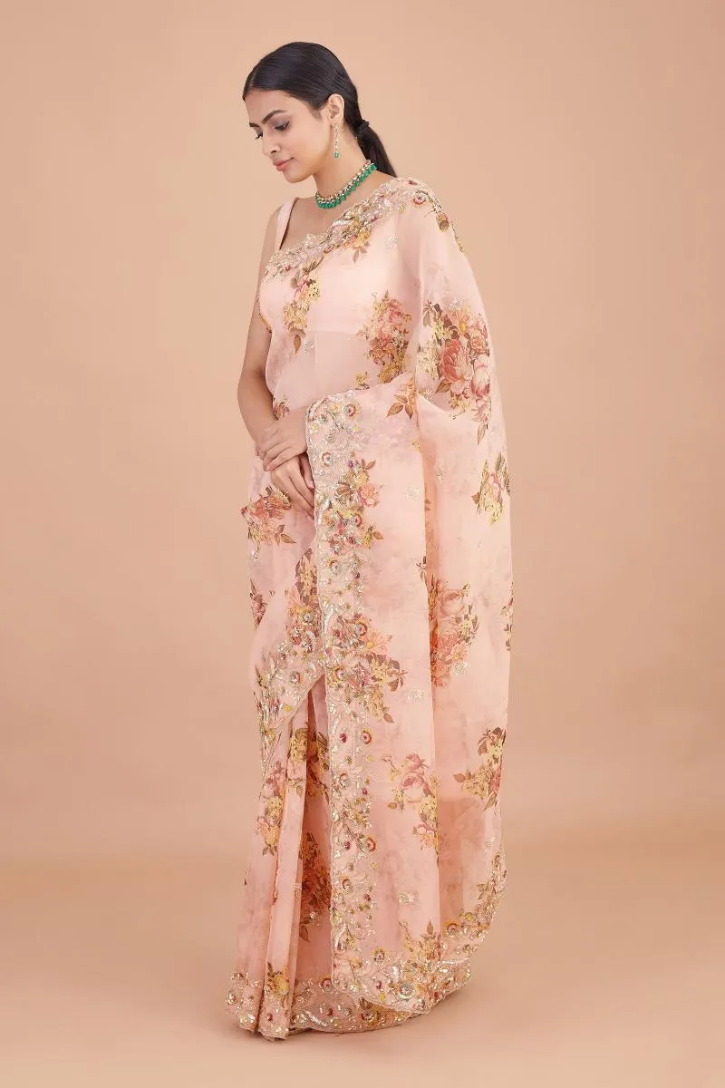 Peach Floral Printed Organza Saree