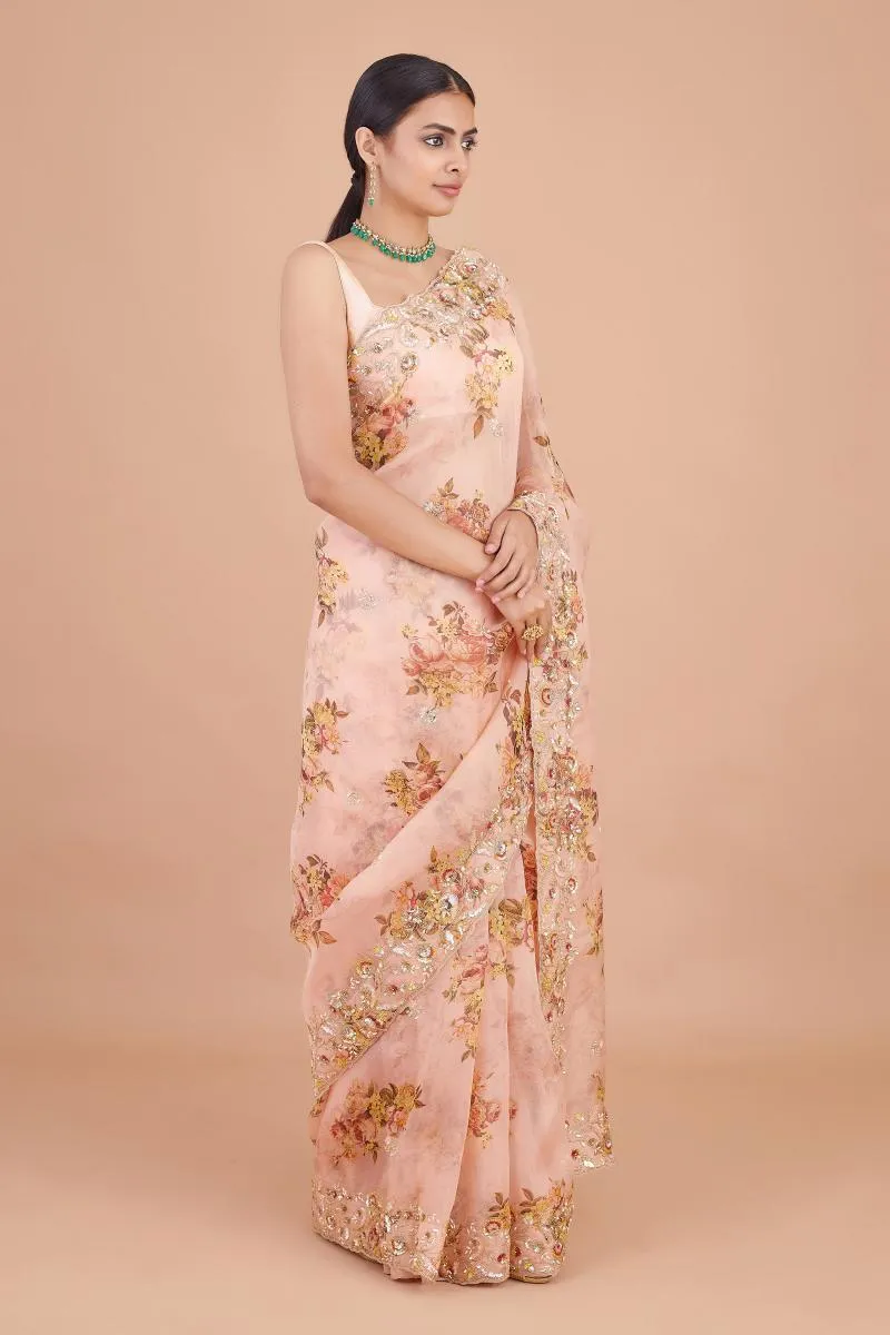 Peach Floral Printed Organza Saree