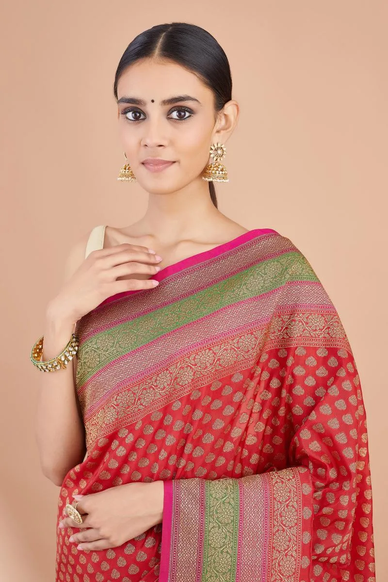 Red Floral Multicolour Stripe Border Saree