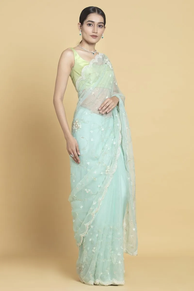 Mint Green Embellished Organza Saree