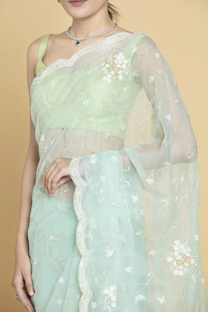 Mint Green Embellished Organza Saree