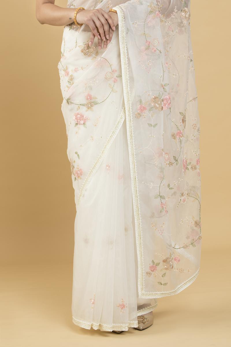 Cream Embellished Organza Sarees With Unstitched Blouse Piece