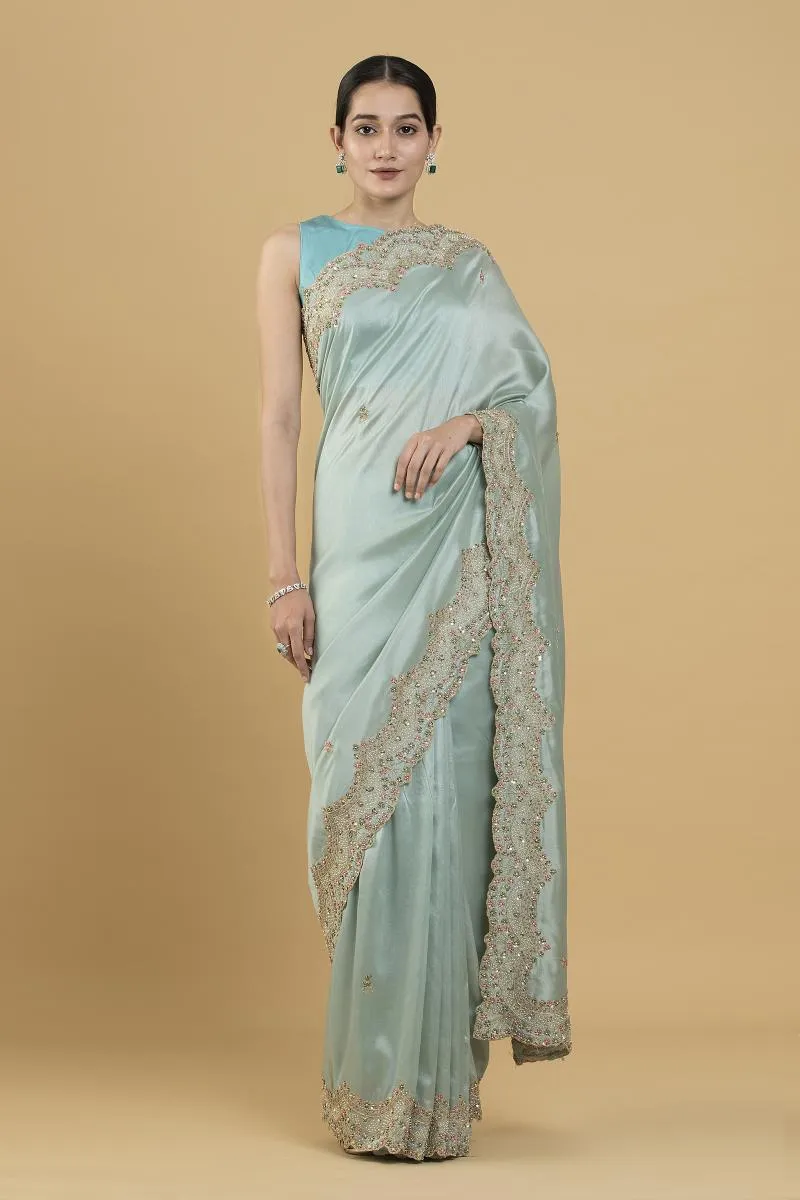 Aqua Embroidered Silk Saree