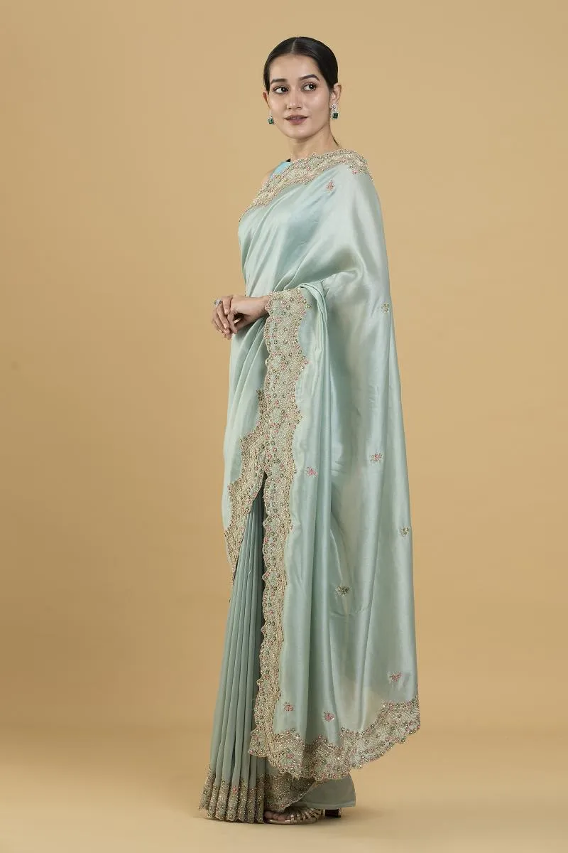 Aqua Embroidered Silk Saree