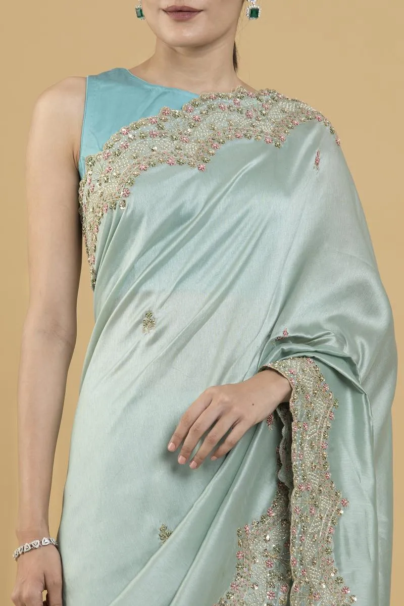 Aqua Embroidered Silk Saree