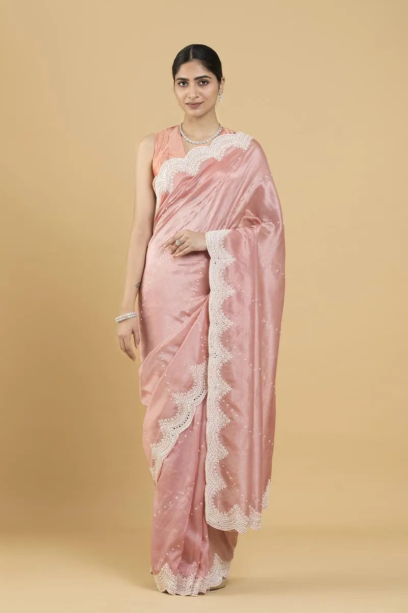 Rose Pink Embroidered Silk Saree