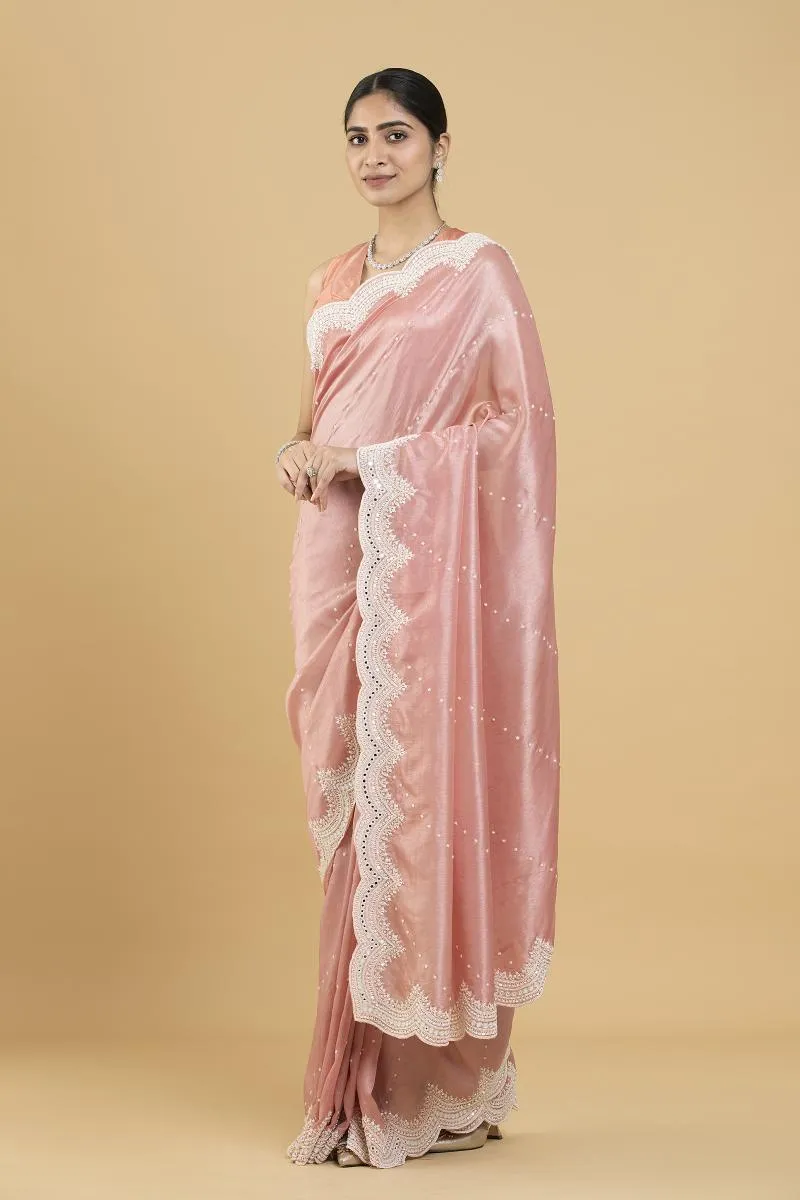 Rose Pink Embroidered Silk Saree