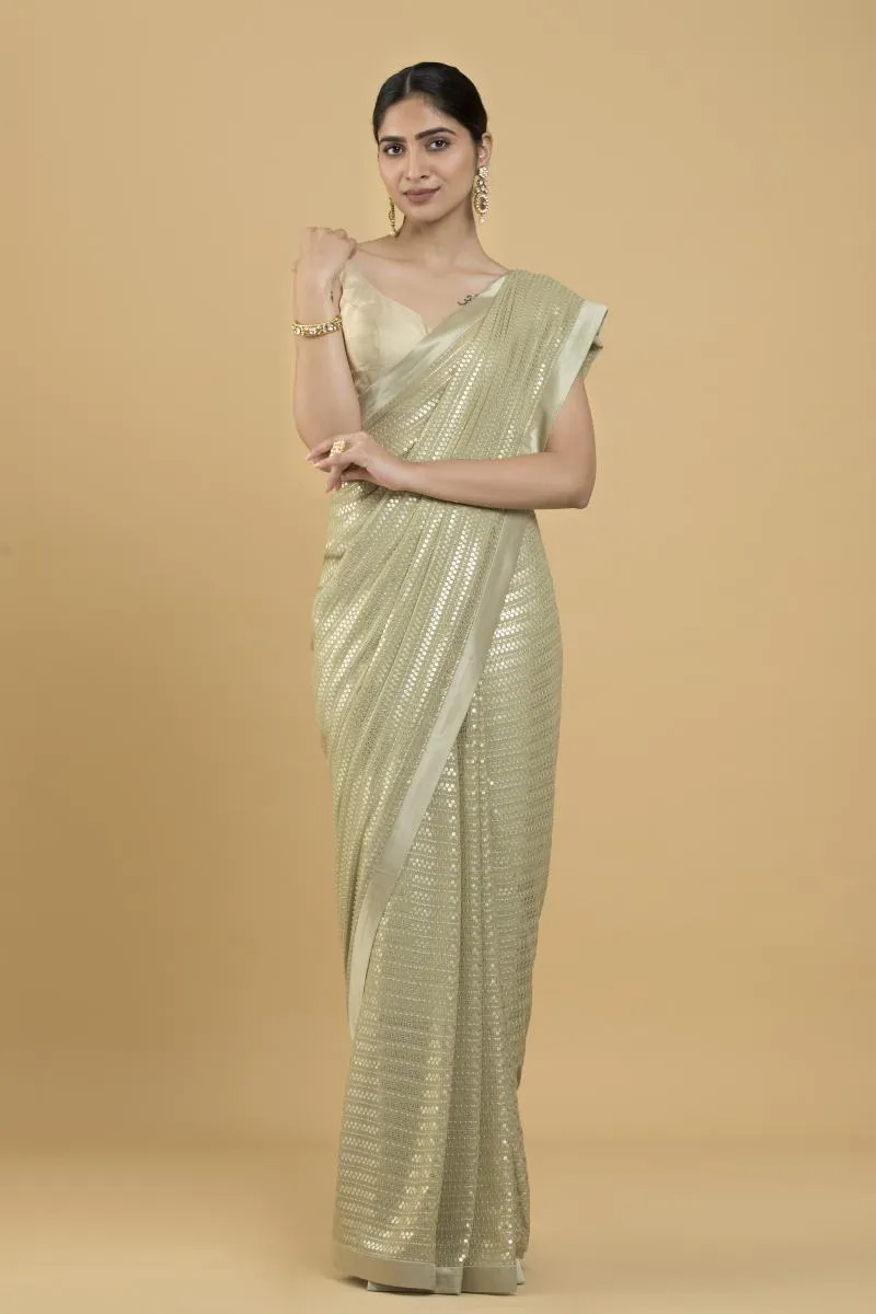 Light Olive Sequin Embroidered Georgette Saree