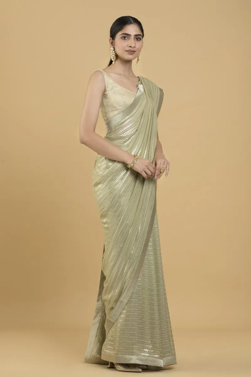 Light Olive Sequin Embroidered Georgette Saree