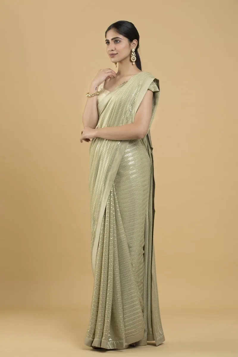 Light Olive Sequin Embroidered Georgette Saree