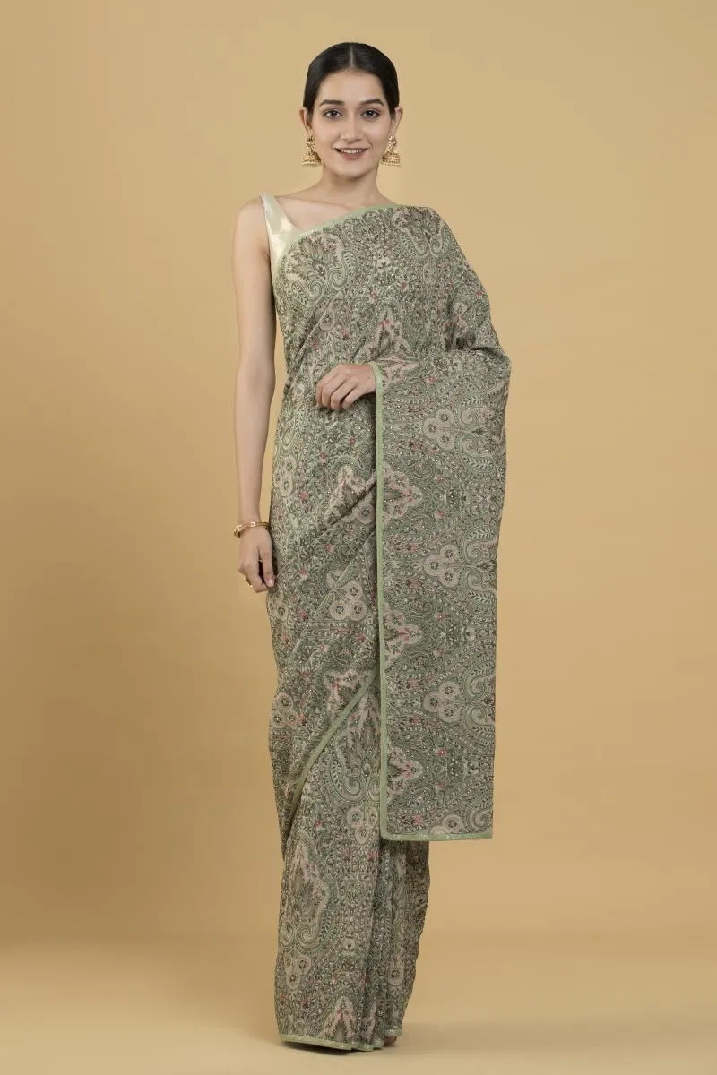 Olive Green Thread Embellished Georgette Saree