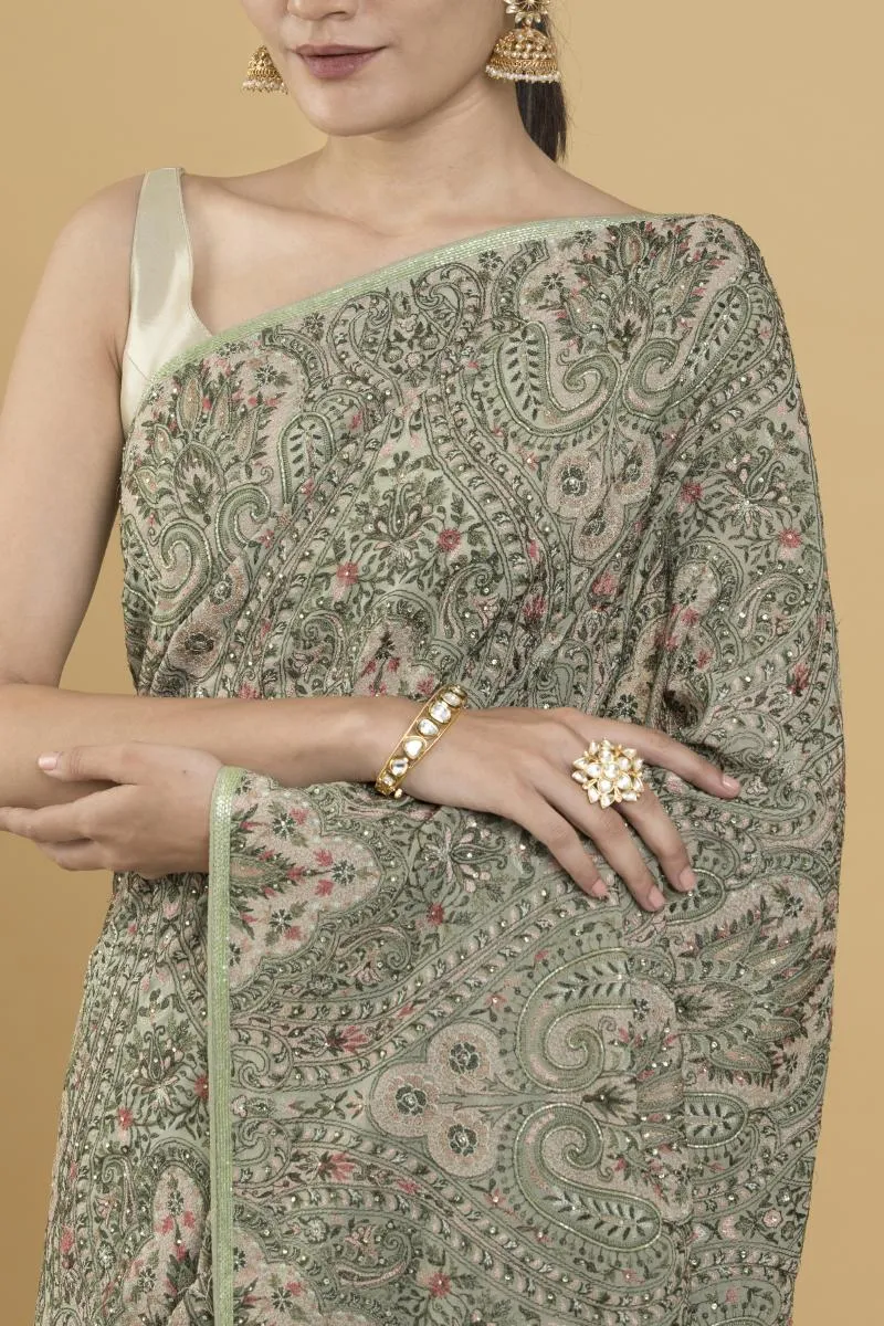 Olive Green Thread Embellished Georgette Saree