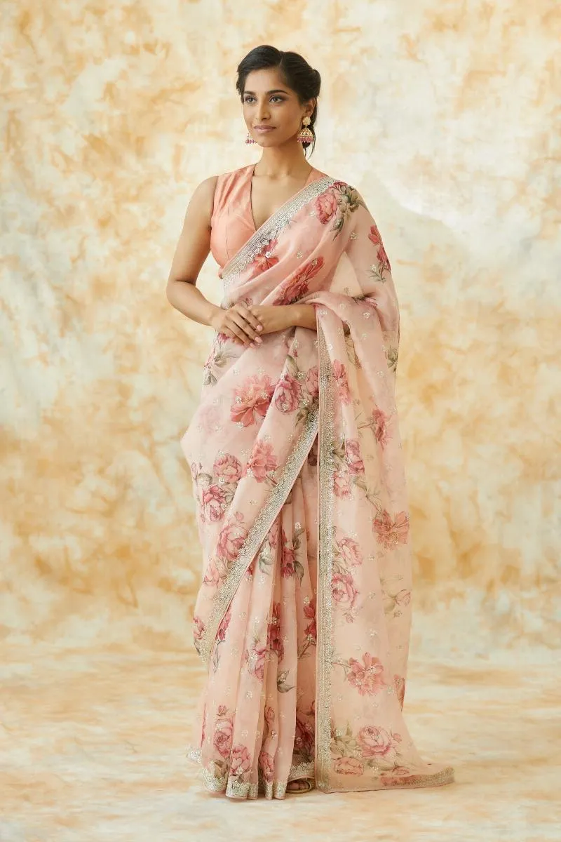 Rose Pink Organza Floral Print Saree