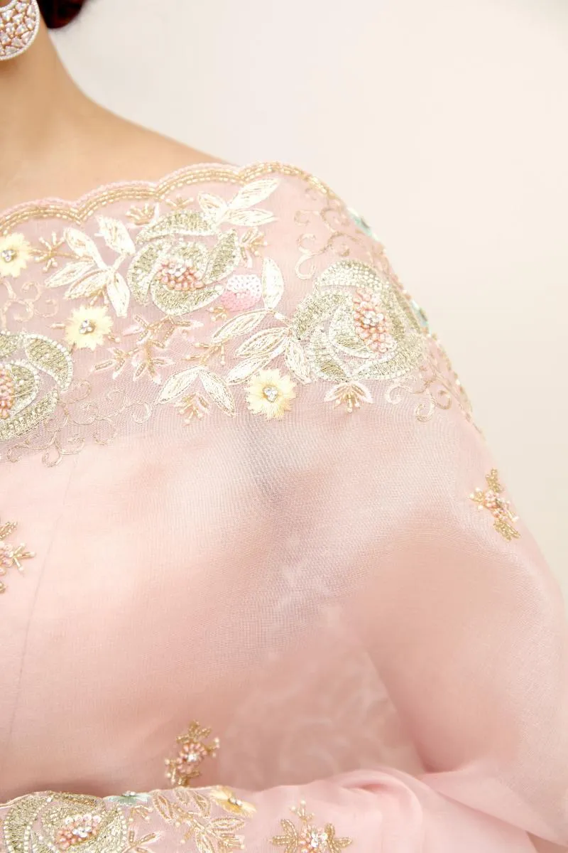Pastel Pink Organza Saree
