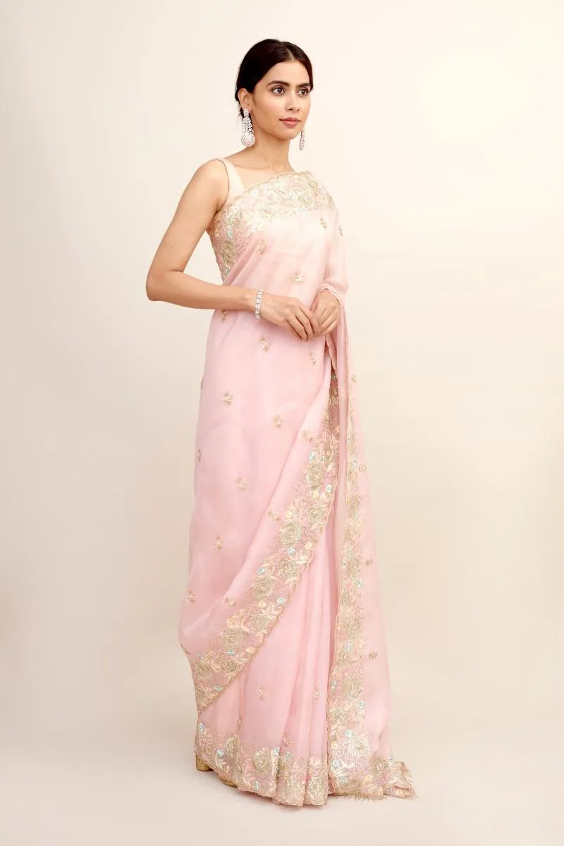 Pastel Pink Organza Saree