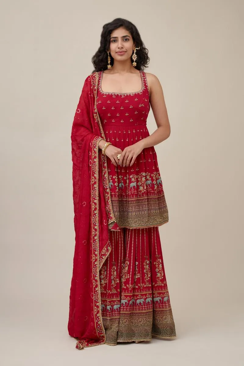 Carmine Red Georegette Sharara