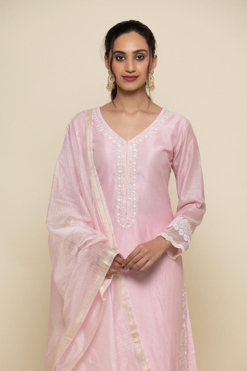 Women'S Baby Pink Three Piece Palazzo Set With Jacket