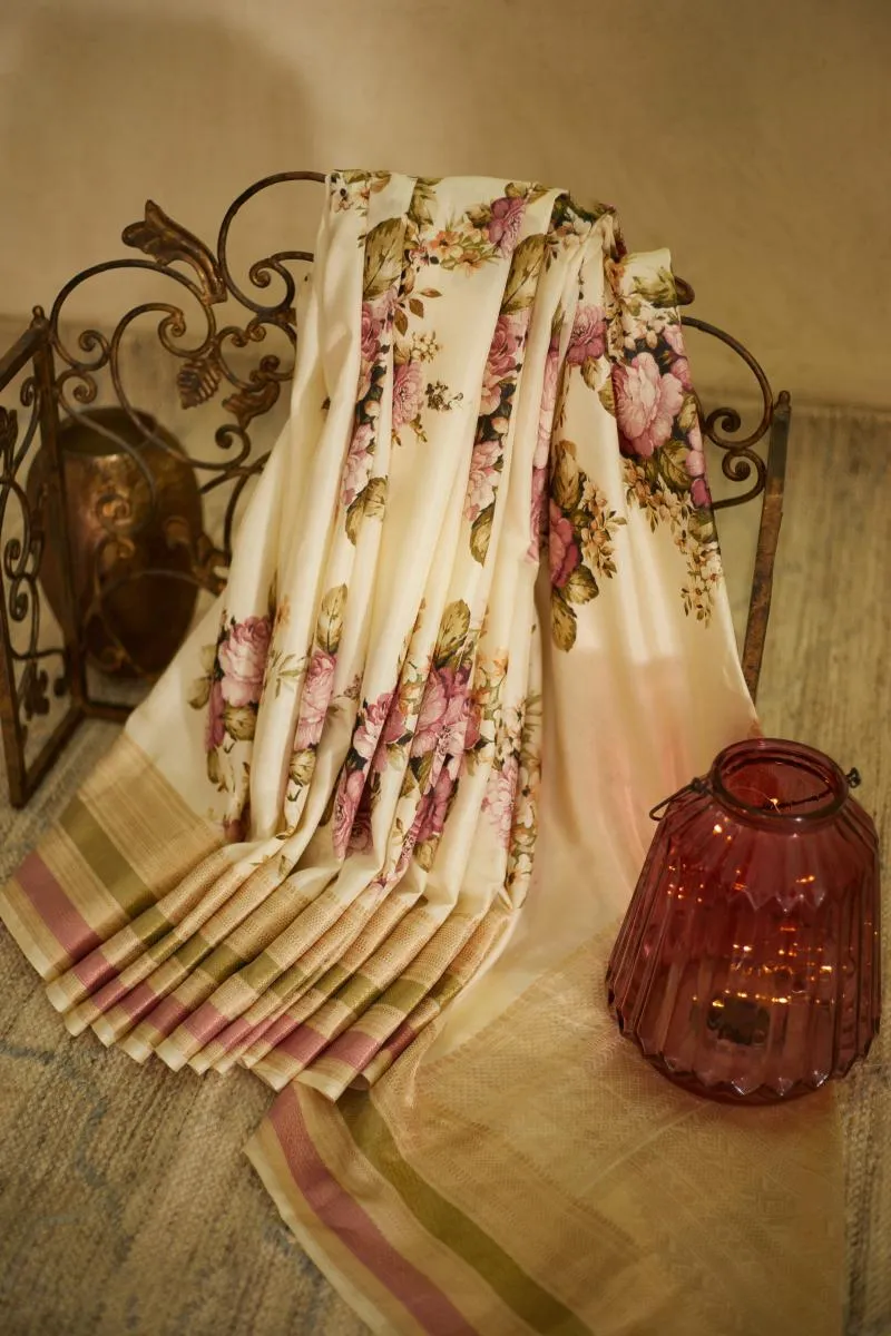 Ivory Floral Printed Kanjivaram Silk saree