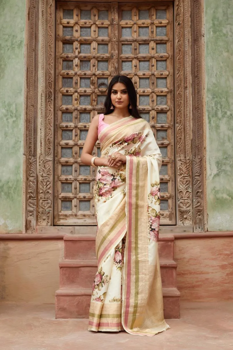 Ivory Floral Printed Kanjivaram Silk saree