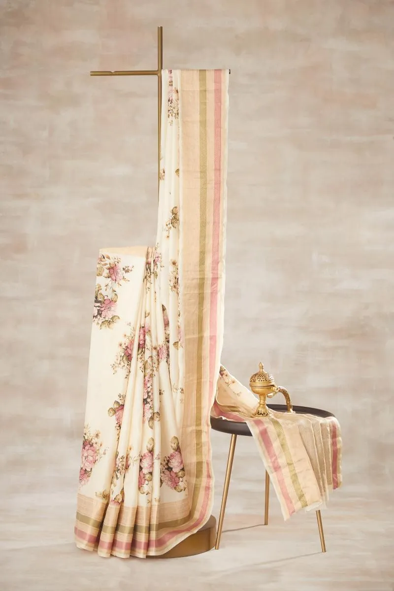 Ivory Floral Printed Kanjivaram Silk saree