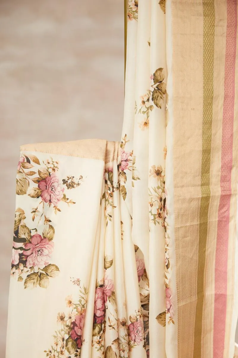 Ivory Floral Printed Kanjivaram Silk saree