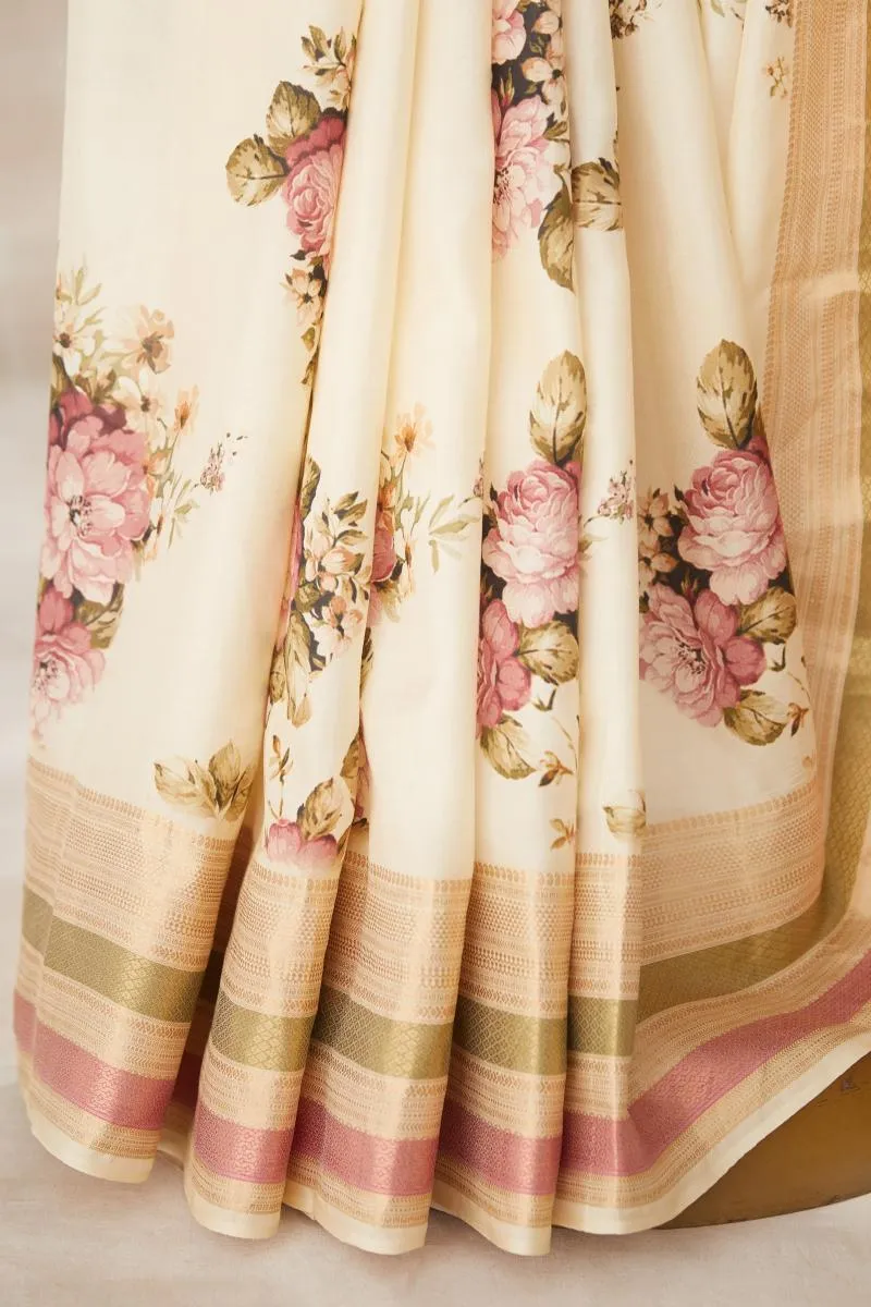 Ivory Floral Printed Kanjivaram Silk saree