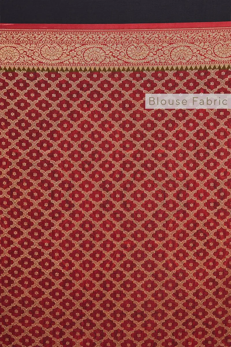 Banarasi Crepe Cherry Red Printed Silk Saree