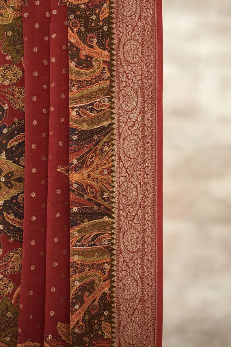 Banarasi Crepe Cherry Red Printed Silk Saree