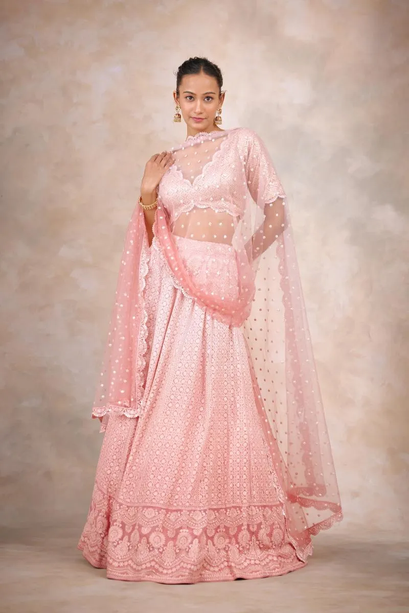 Burnt Coral Chikankari Lehenga