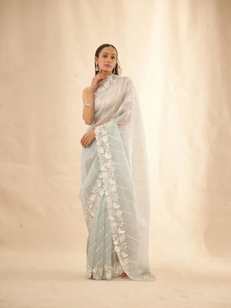 Ice-Blue Floral Organza Saree