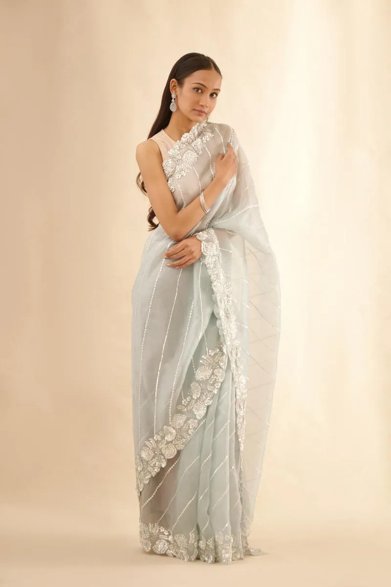 Ice-Blue Floral Organza Saree
