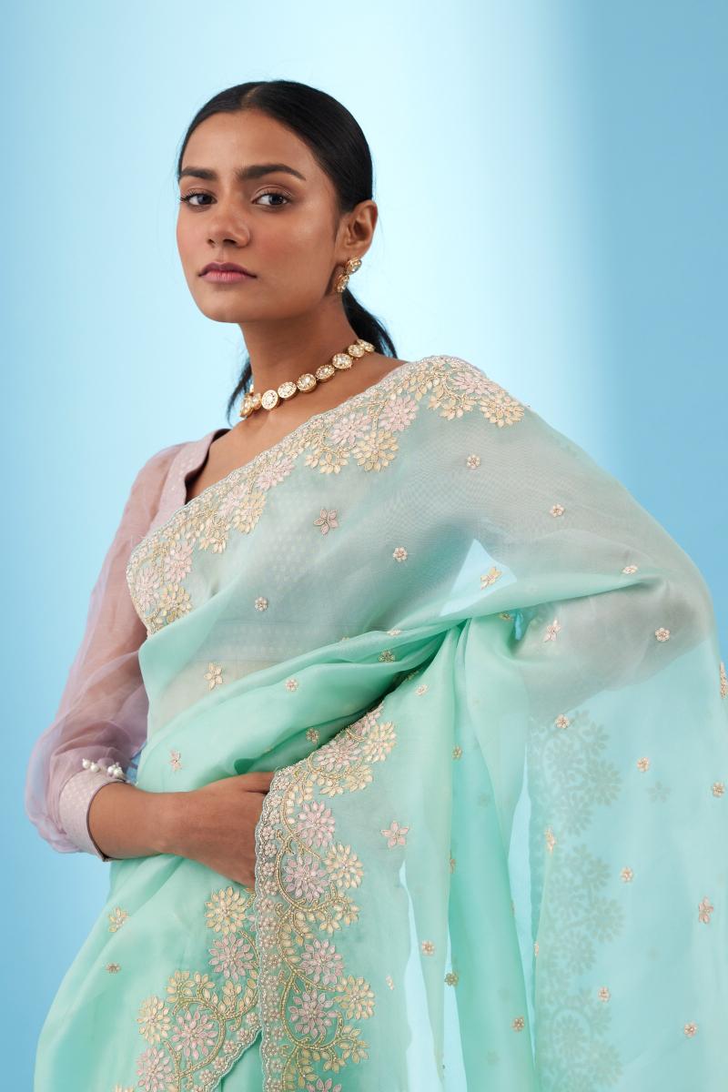Sea Green Organza Saree Frontier Raas