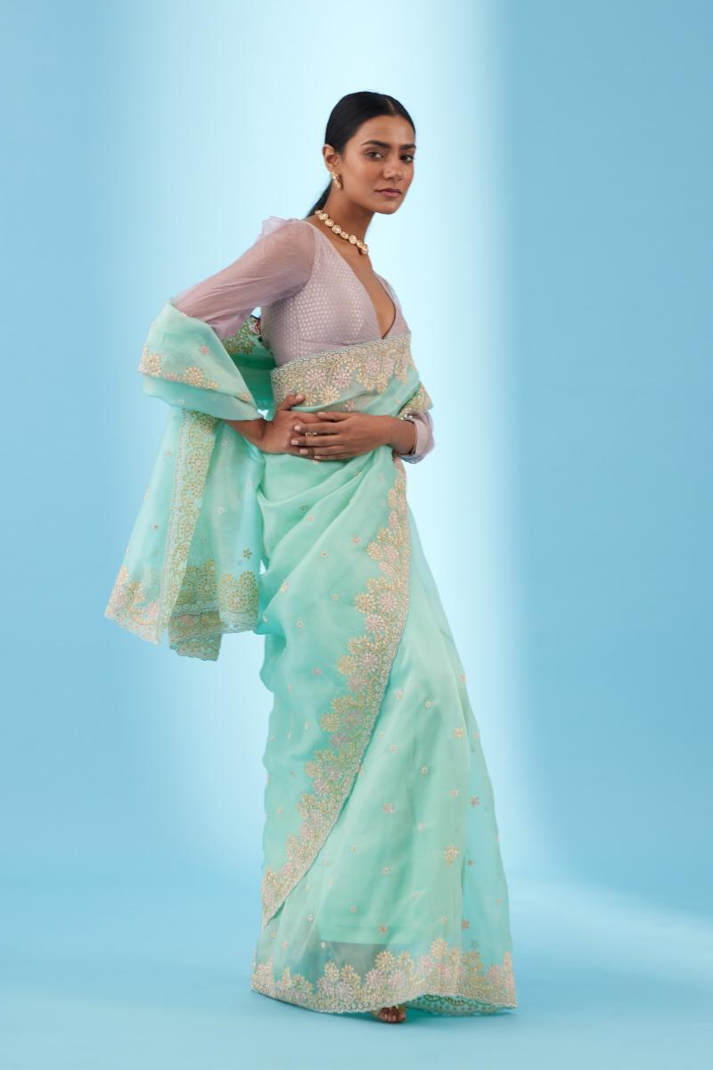 Sea Green Organza Saree Frontier Raas