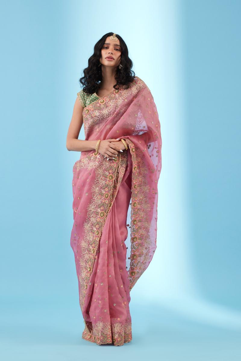 Gulab Pink Organza Saree Set