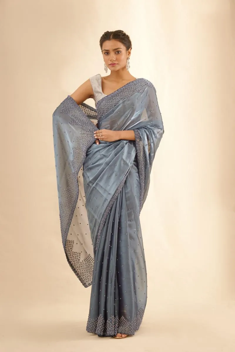 Metallic Grey Organza Satin Saree