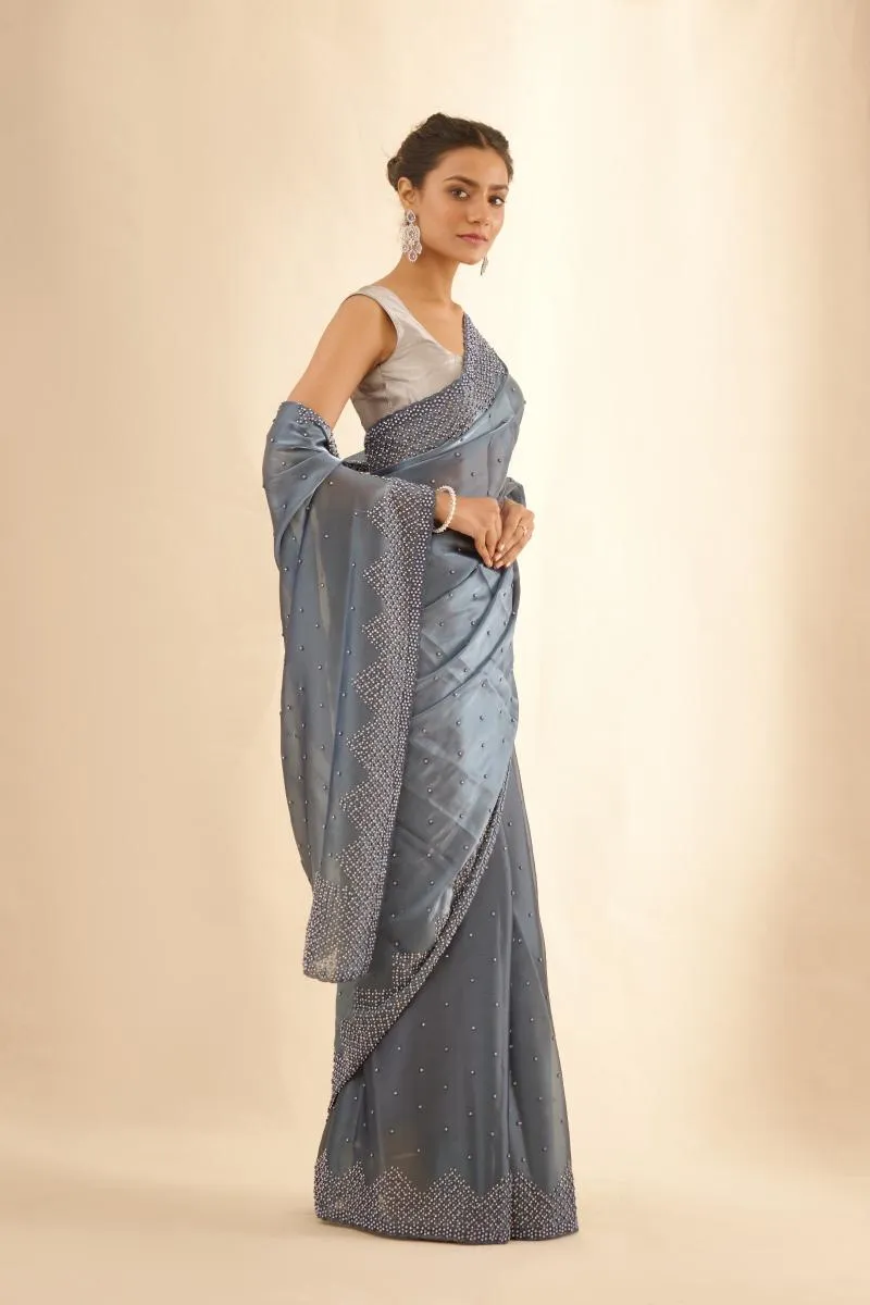 Metallic Grey Organza Satin Saree