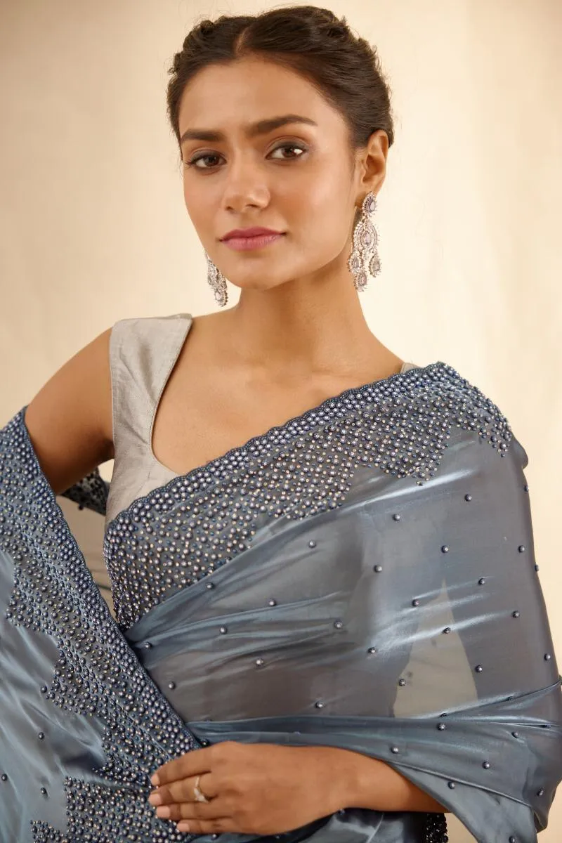 Metallic Grey Organza Satin Saree