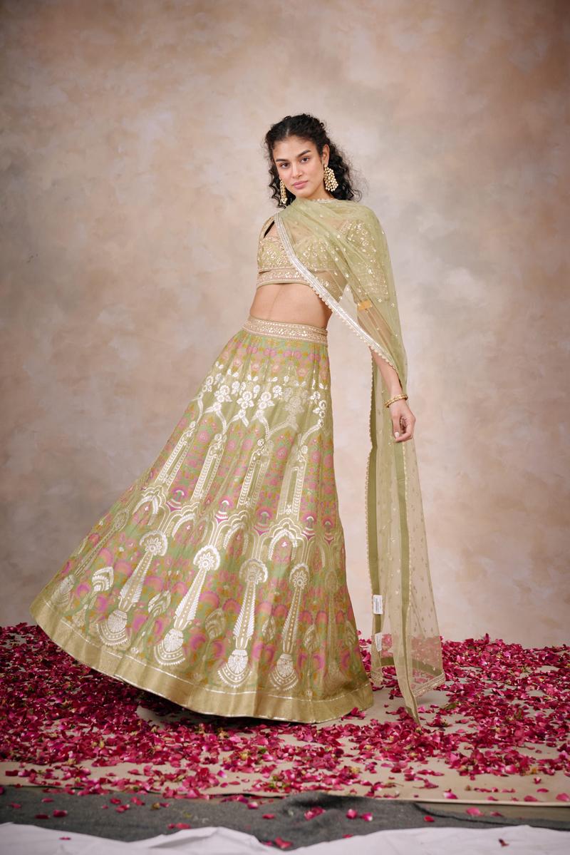 Sea Green Banarasi Silk Lehenga with Pink Dupatta