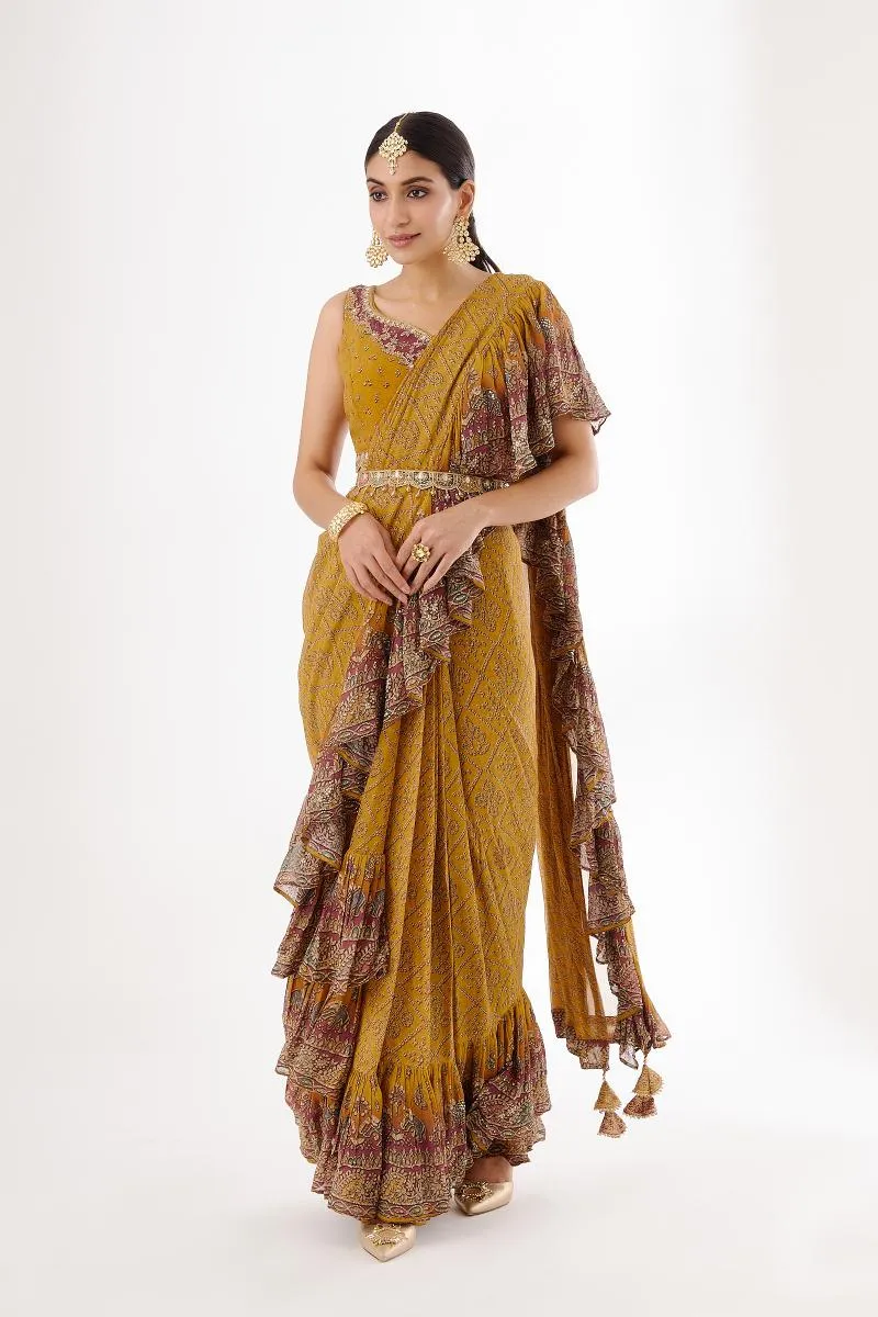 Mustard Crepe Drape Saree