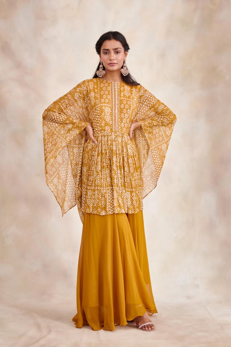 Maroon Ethnic Motifs Peplum Sharara Set with Gotta Patti Lurex Dupatta