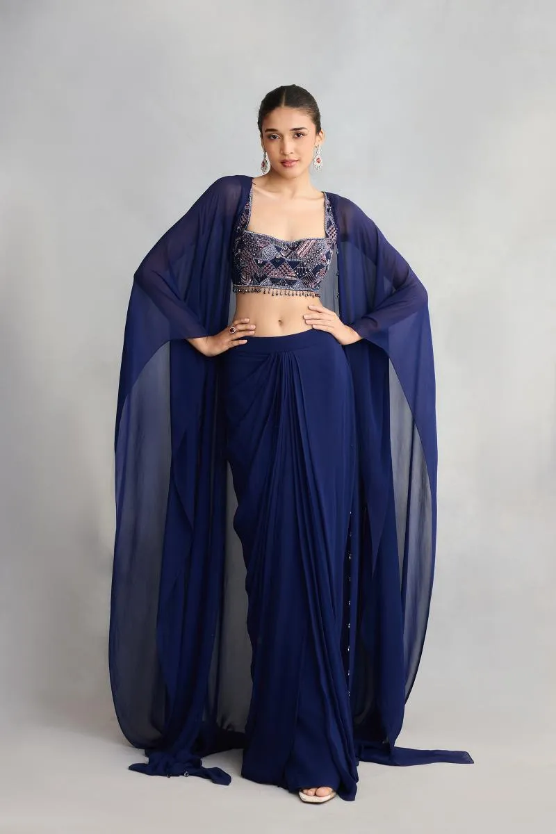 Ink Blue Georgette Cape Skirt Set