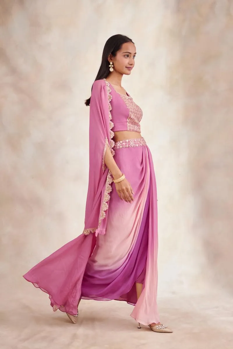Pink Ombre Drape Lehenga Set