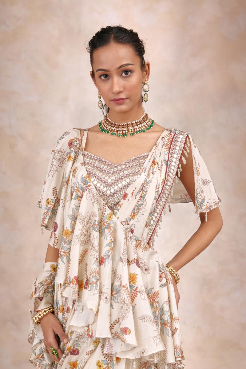 IVORY SATIN PRE-DRAPED SAREE