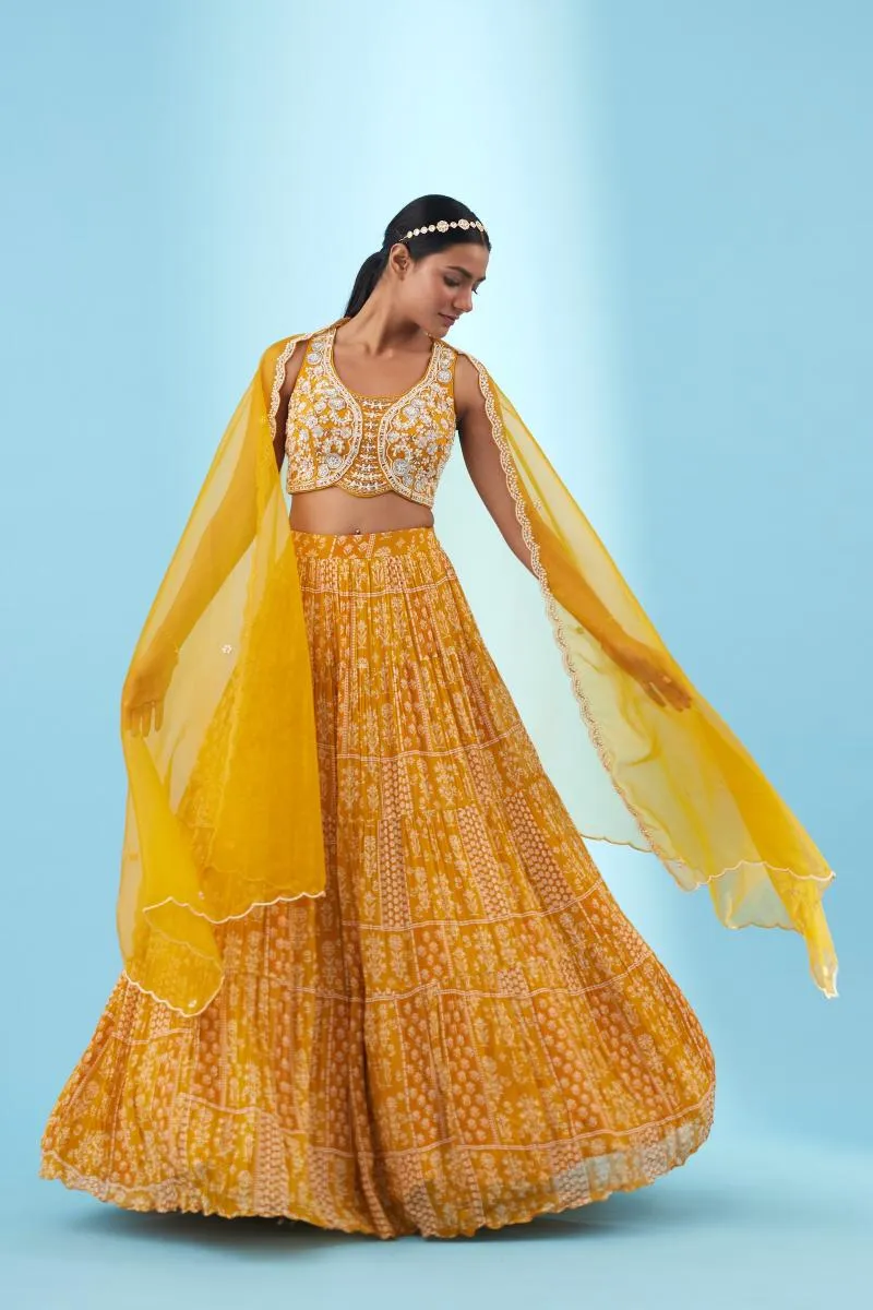 Mustard Printed Georgette Lehenga